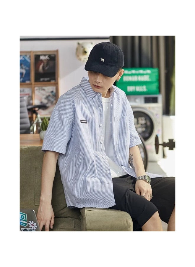 Tonlion Men's Turndown Collar Striped Short-sleeve Shirt, Sky Blue, L - Image 3