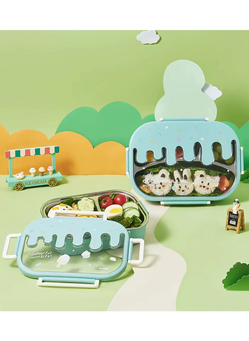 Twisoo - Twisoo Creative 2 Compartment Stainless Steel Lunch Box BPA Free Leakproof Clip Lock Ideal for Ice Cream and Steel Food Container Kids School Lunch box (Green) - Image 1