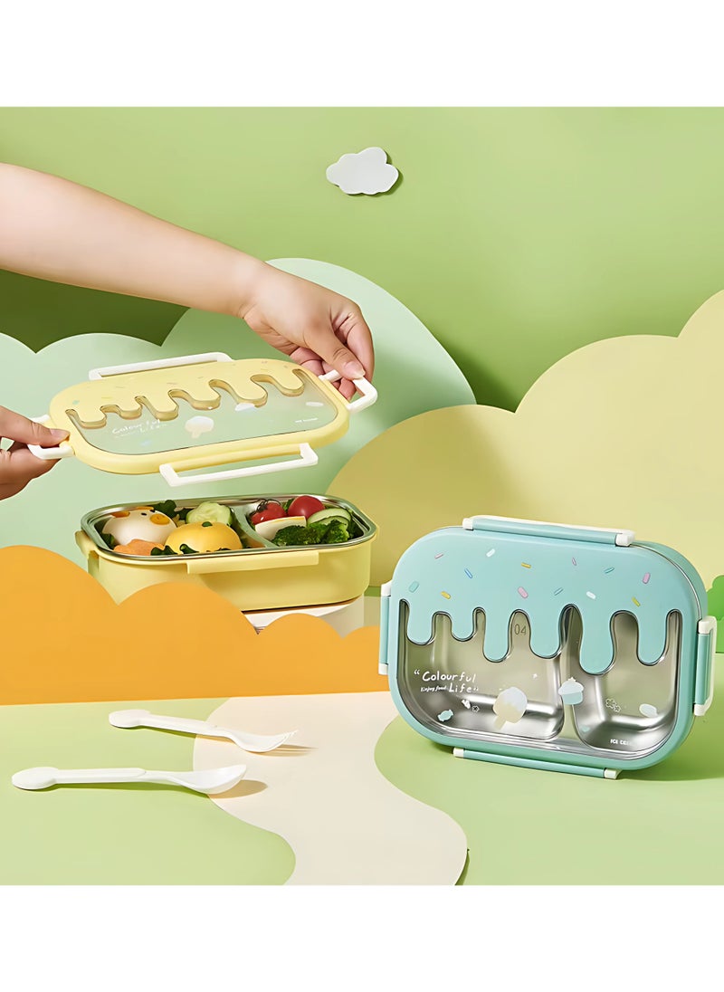 Twisoo - Twisoo Creative 2 Compartment Stainless Steel Lunch Box BPA Free Leakproof Clip Lock Ideal for Ice Cream and Steel Food Container Kids School Lunch box (Green) - Image 1
