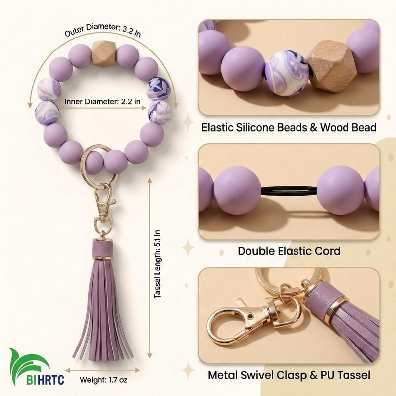 BIHRTC Silicone Beaded Bracelet Keychain Wristlet Beads Car Key Rings Bangle Chains Wristlet Keychain with Leather Tassel for Women Girls House Car Key Ring Holder Key Chains Keyring - Image 2