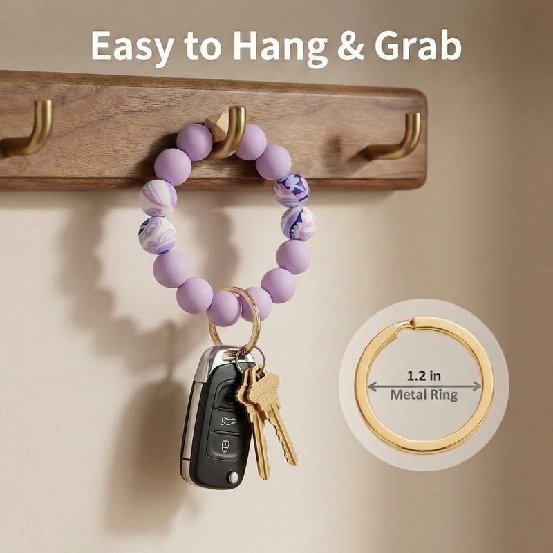 BIHRTC Silicone Beaded Bracelet Keychain Wristlet Beads Car Key Rings Bangle Chains Wristlet Keychain with Leather Tassel for Women Girls House Car Key Ring Holder Key Chains Keyring - Image 3