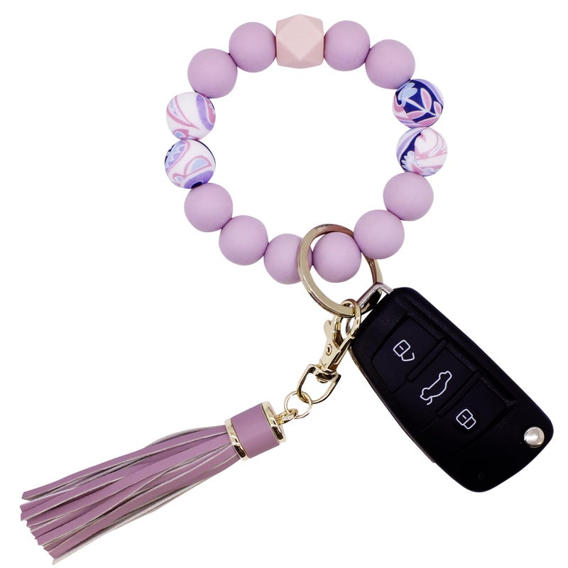BIHRTC Silicone Beaded Bracelet Keychain Wristlet Beads Car Key Rings Bangle Chains Wristlet Keychain with Leather Tassel for Women Girls House Car Key Ring Holder Key Chains Keyring - Image 1