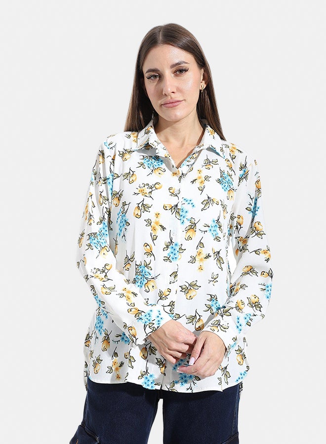 Andora Turned Down Collar Long Sleeves Blouse_White & Blue & Yellow - Image 1