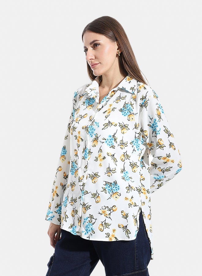 Andora Turned Down Collar Long Sleeves Blouse_White & Blue & Yellow - Image 2