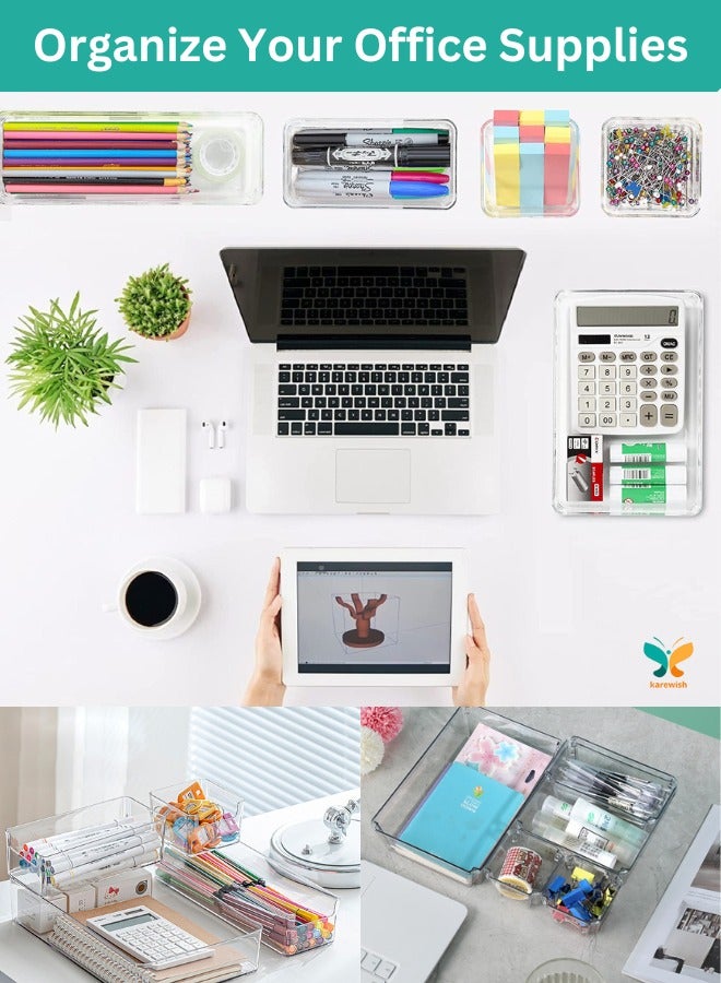كارويش 14 قطعة من صواني تخزين منظم أدراج المكتب من karewish، 4 مقاسات فواصل أدراج الحمام، صناديق تخزين بلاستيكية لمنظمات الزينة للمكياج، والمجوهرات، وخزانة الملابس، وأدوات المطبخ والقرطاسية المكتبية - Image 3