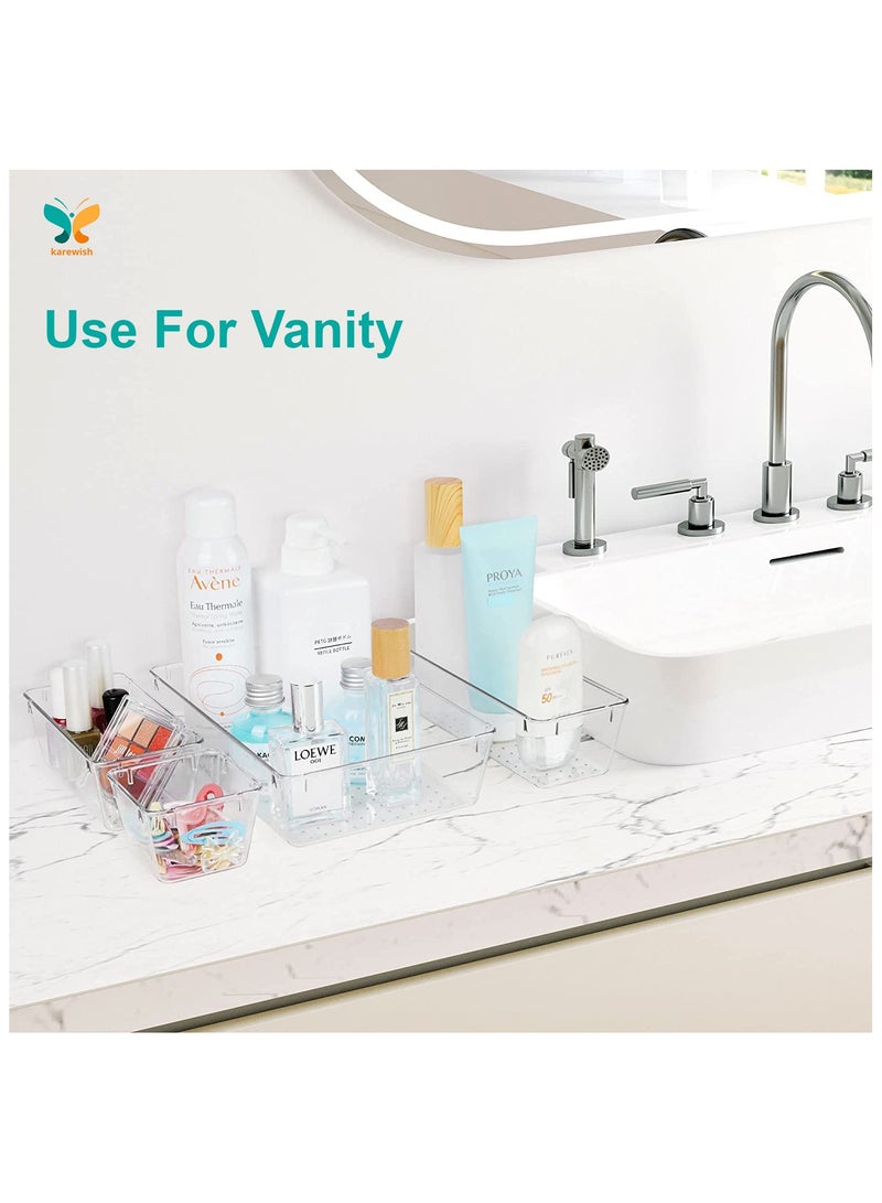 كارويش 14 قطعة من صواني تخزين منظم أدراج المكتب من karewish، 4 مقاسات فواصل أدراج الحمام، صناديق تخزين بلاستيكية لمنظمات الزينة للمكياج، والمجوهرات، وخزانة الملابس، وأدوات المطبخ والقرطاسية المكتبية - Image 5