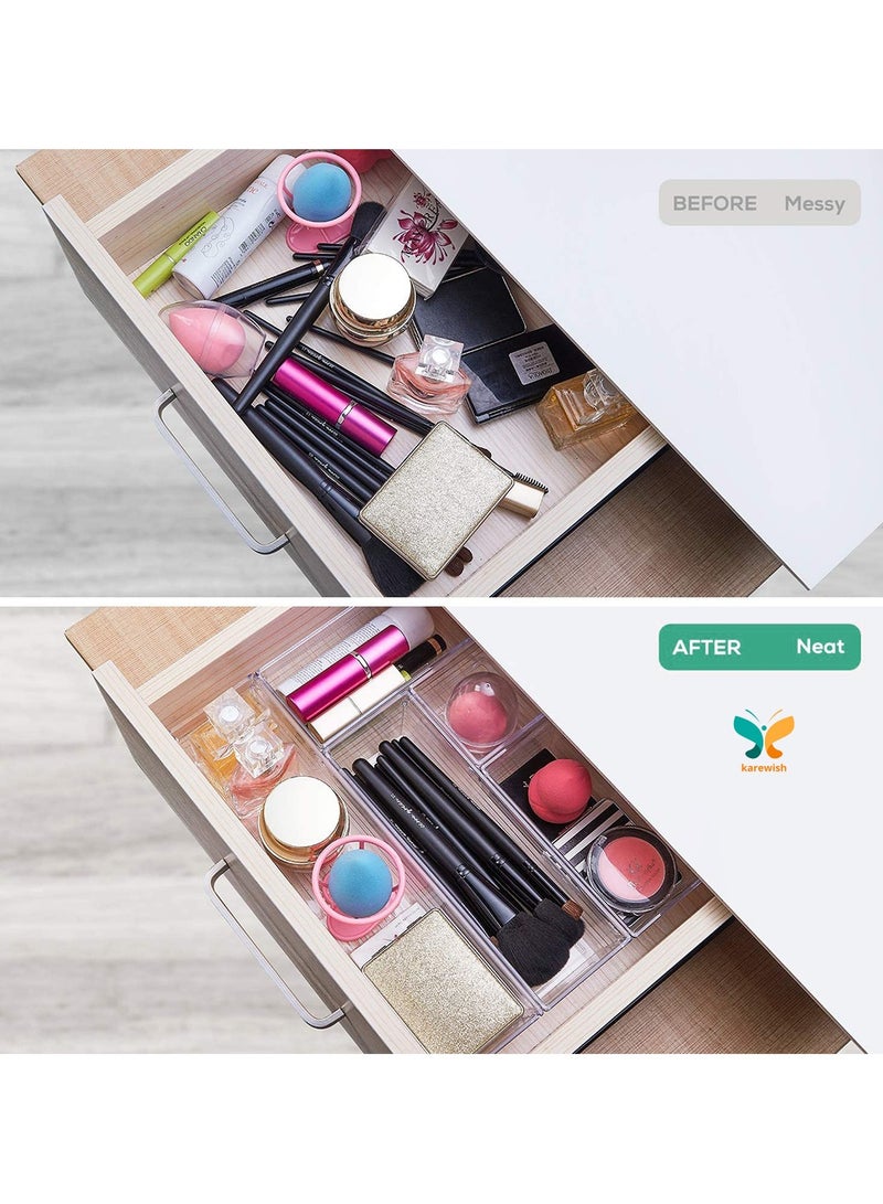 كارويش 14 قطعة من صواني تخزين منظم أدراج المكتب من karewish، 4 مقاسات فواصل أدراج الحمام، صناديق تخزين بلاستيكية لمنظمات الزينة للمكياج، والمجوهرات، وخزانة الملابس، وأدوات المطبخ والقرطاسية المكتبية - Image 4