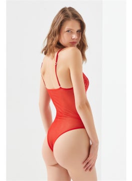 COTTONHILL Red Lace Tulle and Zipper Detailed Underwire Women's Bodysuit  - Image 2