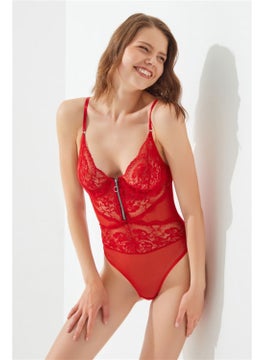 COTTONHILL Red Lace Tulle and Zipper Detailed Underwire Women's Bodysuit  - Image 4