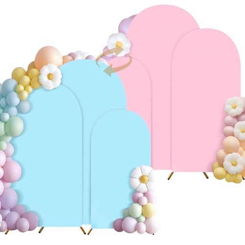 OurWarm Set of 3 Gender Reveal Arch Backdrop Cover, 4FT 5FT 6FT Double-Sided Pink and Blue Wedding Arch Covers, 2 in 1 Spandex Arch Stretchy Backdrop Cover Fabric for Birthday Party Baby Shower - Image 1
