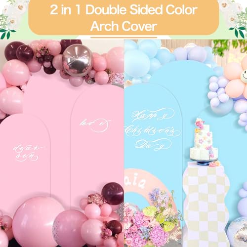 OurWarm Set of 3 Gender Reveal Arch Backdrop Cover, 4FT 5FT 6FT Double-Sided Pink and Blue Wedding Arch Covers, 2 in 1 Spandex Arch Stretchy Backdrop Cover Fabric for Birthday Party Baby Shower - Image 4