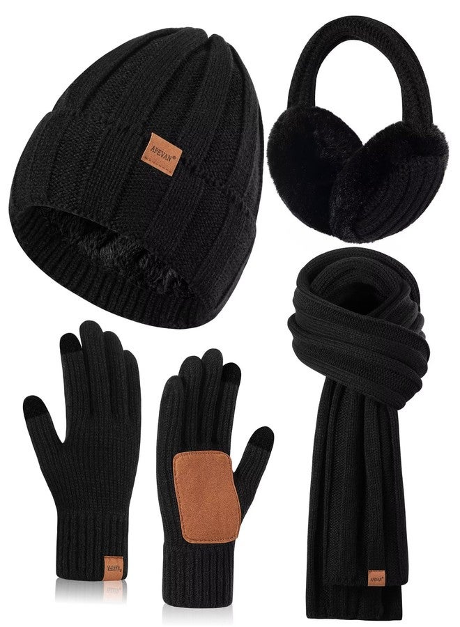 APEVAN Winter Hat Gloves Scarf Earmuffs Set for Women, Fleece Lined Beanie Long Scarf Touchscreen Gloves Ear Warmer, 4 in 1 Gift Set, Black, One size - Image 1