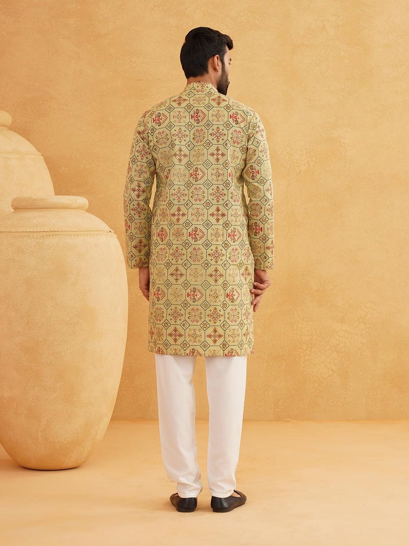 SOJANYA (Since 1958 Men's Cotton Blend Printed Pista Green Only Long Kurta Size:42 - Image 4