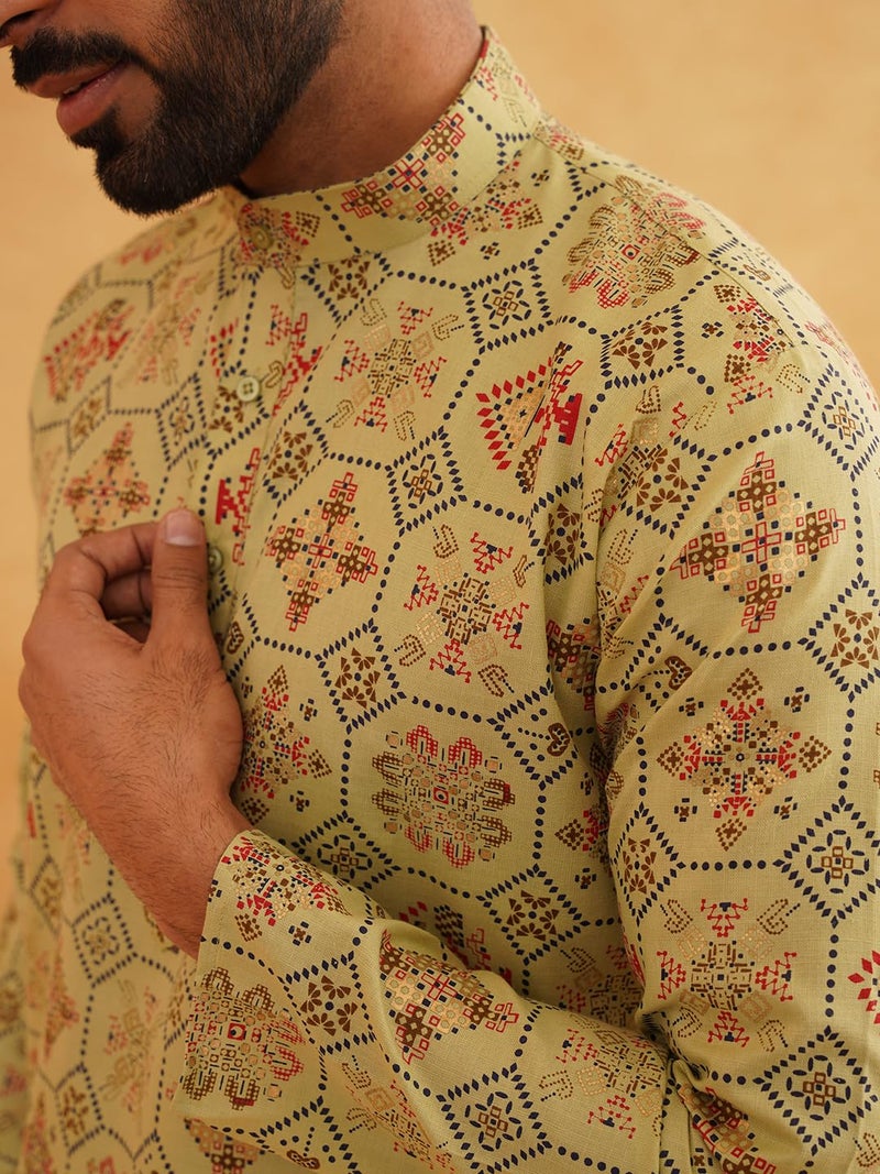 SOJANYA (Since 1958 Men's Cotton Blend Printed Pista Green Only Long Kurta Size:42 - Image 5