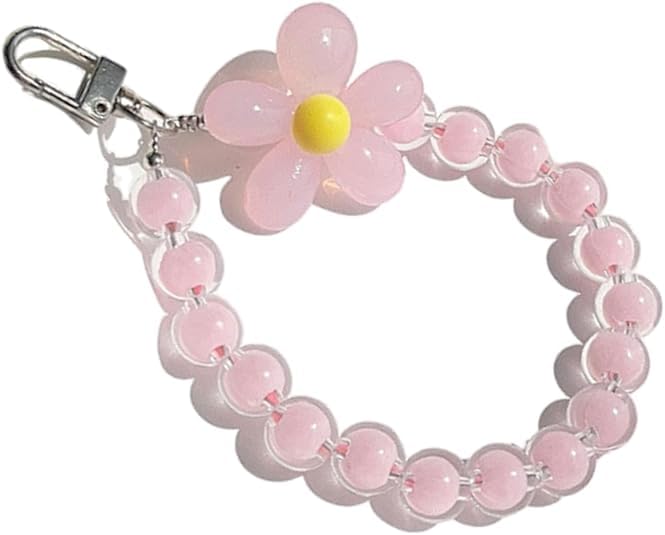 KHOLAD Mobile Phone Lanyard Beaded Flower Bracelet Creative Hanging Rope Keychain Mobile Phone Strap Beaded Flower Anti-Lost Phone Case Lanyard Girl Women's Wrist Strap Phone Charms (Pink) - Image 1
