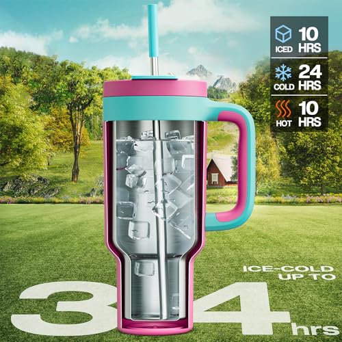 POWCAN 40 oz Tumbler with Handle, 2-in-1 Straw and Sip Lid, Leakproof, Dishwasher Safe, Insulated Stainless Steel Travel Coffee Mug, Keeps Cold for 34 Hours, Fits in Car Cup Holder (Petal) - Image 2