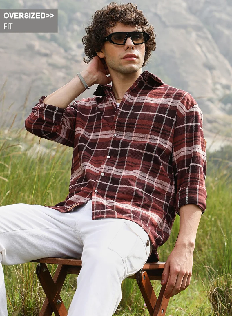 Campus Sutra Campus Sutra Men's Chocolate Brown Tartan Plaid Shacket For Casual Wear | Spread Collar | Long Cuffed Sleeves | Button Closure | Overshirt/Shacket Crafted With Comfort Fit For Everyday Wear