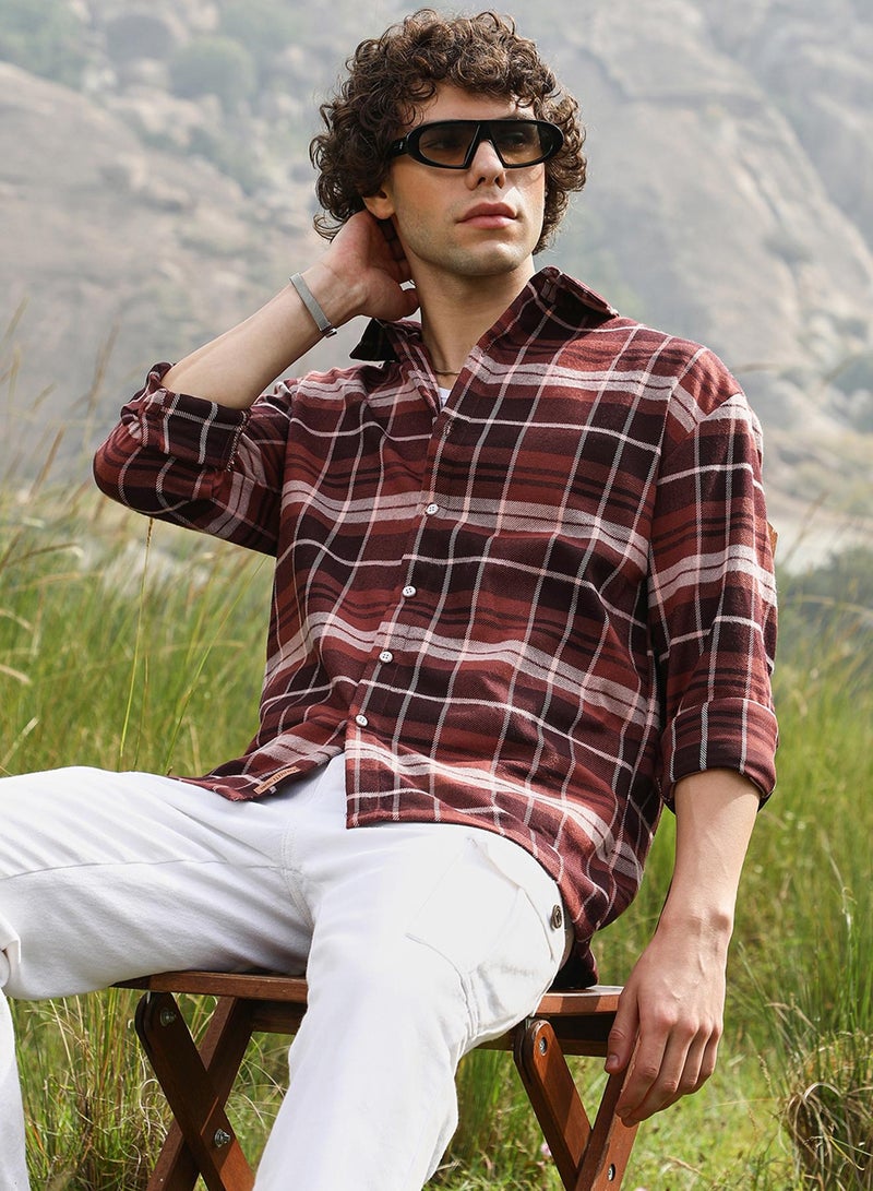 Campus Sutra Men's Chocolate Brown Tartan Plaid Shacket  - Image 1