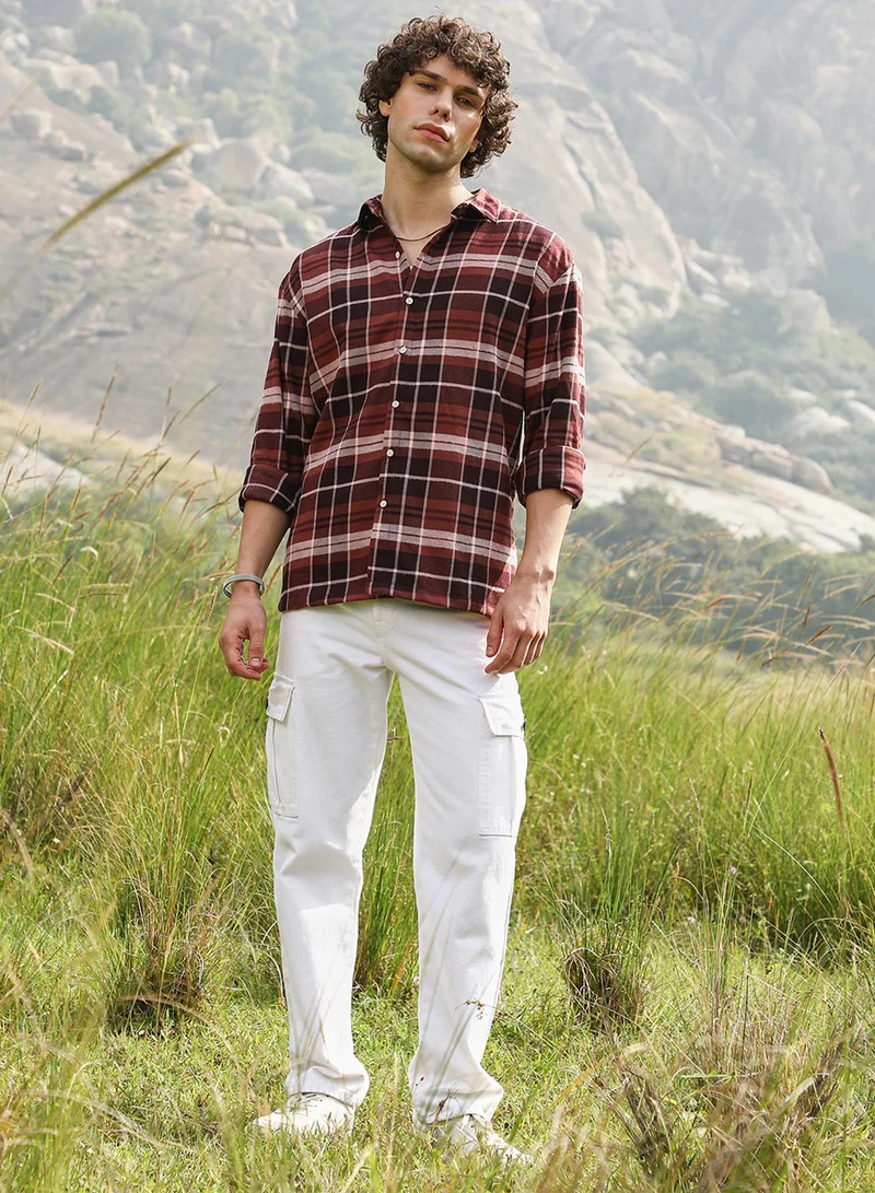 Campus Sutra Men's Chocolate Brown Tartan Plaid Shacket