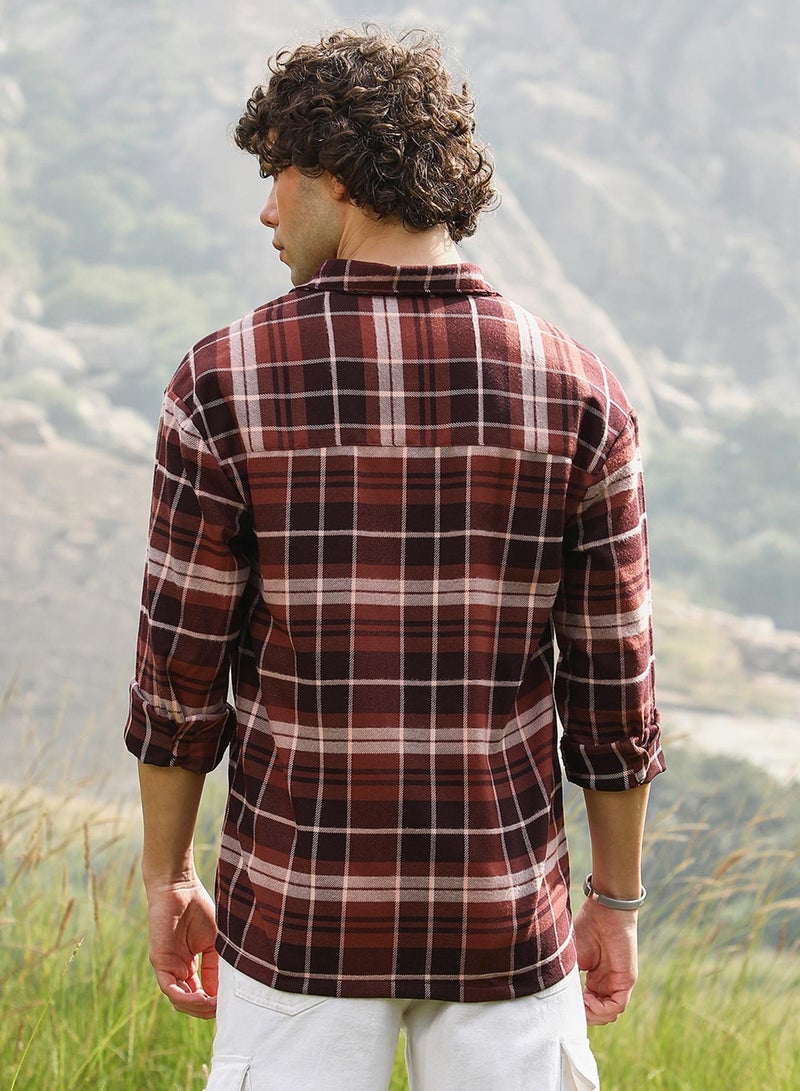 Campus Sutra Men's Chocolate Brown Tartan Plaid Shacket  - Image 5