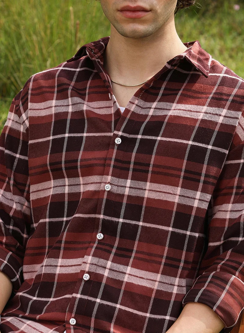 Campus Sutra Men's Chocolate Brown Tartan Plaid Shacket