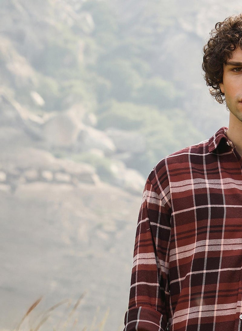 Campus Sutra Men's Chocolate Brown Tartan Plaid Shacket  - Image 3