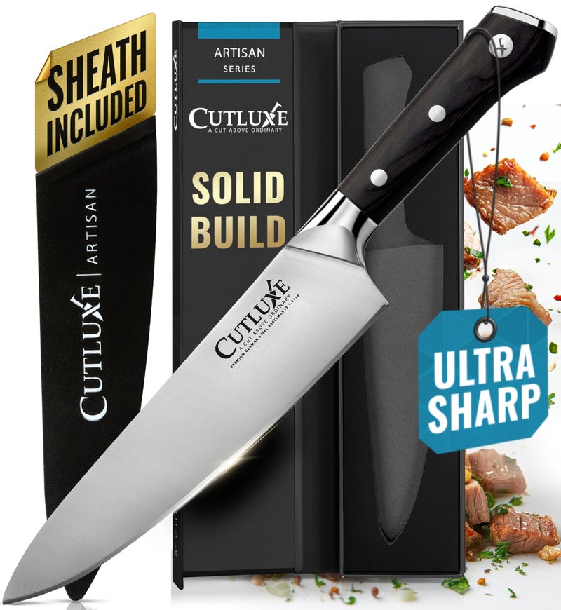 Cutluxe Chef Knife – 8" Kitchen Knife, German High Carbon Steel, Full Tang, Ergonomic Handle Design, Sheath Included – Artisan Series - Image 1