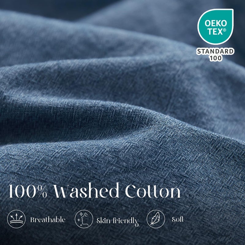 Simple&Opulence Duvet Cover Set 100% Washed Cotton Comfy Soft Breathable Cozy Textured Solid Color Comforter Cover for All Seasons Bedding Sets, Blue Double 200x200cm - Image 5