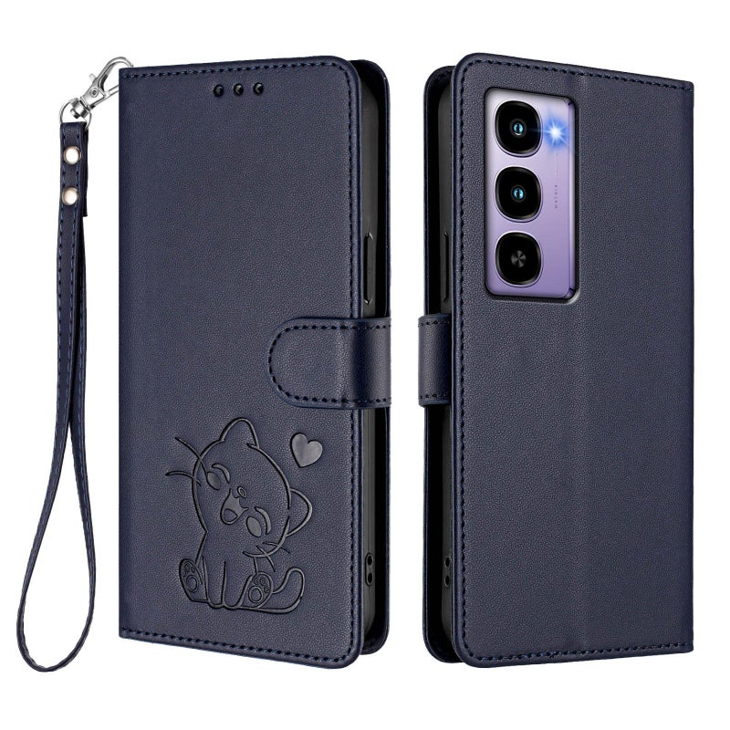 erorex For Itel City 100 Embossed  Cat Leather Phone Case with Hand Strap(Blue) - Image 2