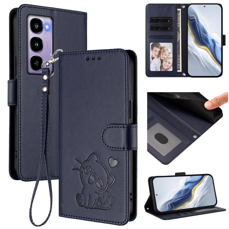 erorex For Itel City 100 Embossed  Cat Leather Phone Case with Hand Strap(Blue) - Image 1
