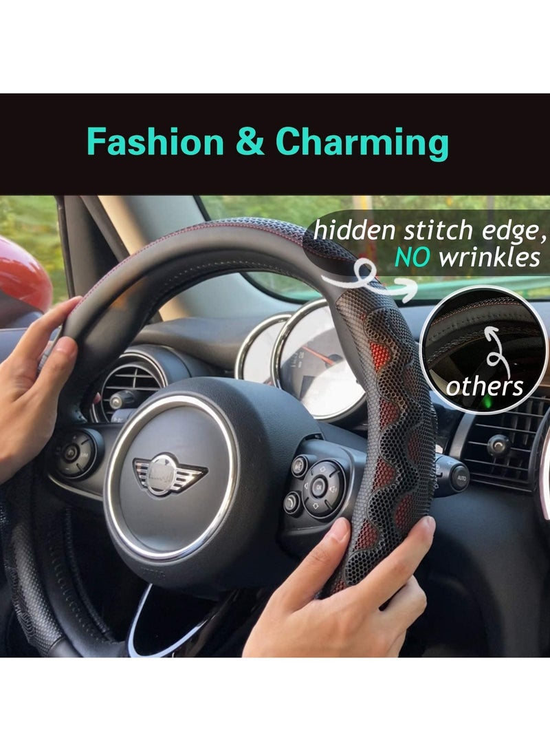 Barakah Steering Wheel Cover Universal 15 inch, Microfiber Leather Viscose, Great Grip with 3D Honeycomb Anti-Slip Design, Red - Image 2