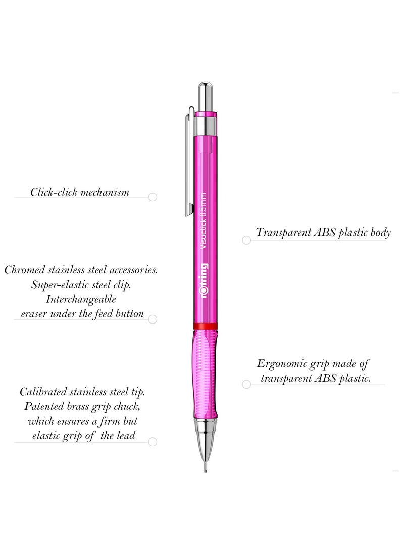 Rotring - Rotring 05mm Mechanical Clutch lead Pen Pencil Set Pack of 2 Pink Transparent ABS Body Light Weight Click Mechanism Visuclick Series Triangular Ergonomic Grip - Image 1