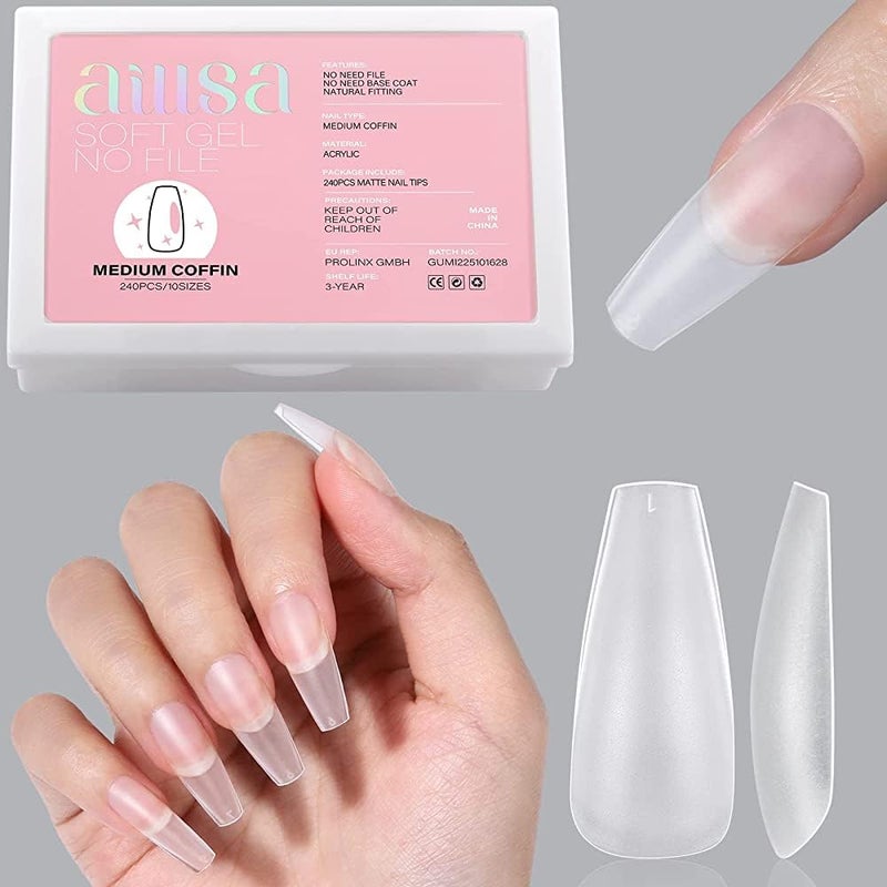 AILLSA Medium Coffin Nails Tips - Upgraded Matte Soft Full Cover Gel Nail Tips No Filed, 240Pcs Pre-shaped Gelly Tips Acrylic Clear Fake Press On Nail Tips for Soak Off Nail Extension 10 Sizes - Image 1