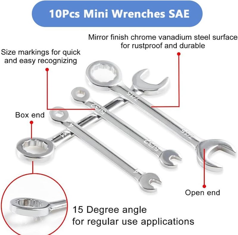Eyech مجموعة مفاتيح ربط صغيرة 10 قطع SAE مفتوحة ومغلقة مع مفاتيح ربط متغيرة - Image 2