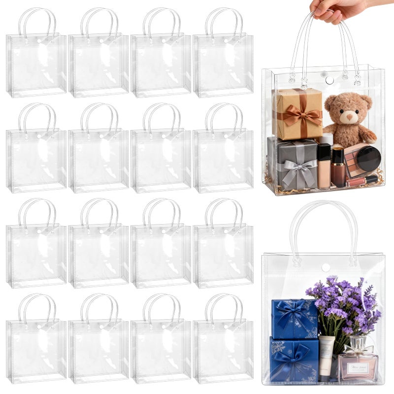 BadenBach 16 Pack Clear Gift Bags with Handle, 9.8" x 9.8" x 3.5" Reusable Plastic Party Favor Bags Bulk, Transparent PVC Tote Bag for Wedding, Birthday, Valentine's Day, Bachelorette, Boutique (25x25x9 cm) - Image 1