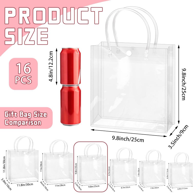BadenBach 16 Pack Clear Gift Bags with Handle, 9.8" x 9.8" x 3.5" Reusable Plastic Party Favor Bags Bulk, Transparent PVC Tote Bag for Wedding, Birthday, Valentine's Day, Bachelorette, Boutique (25x25x9 cm) - Image 2