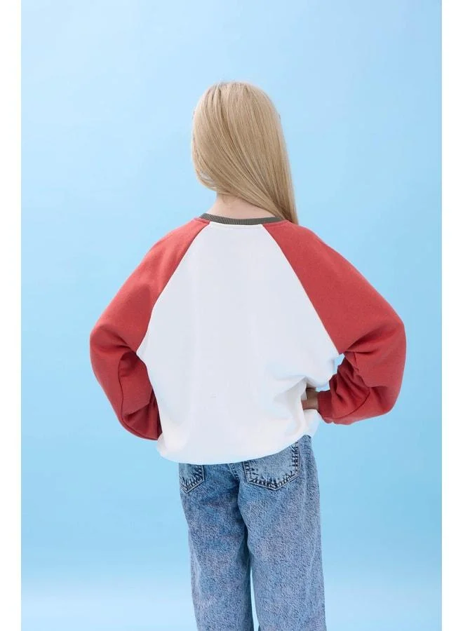 Perendi Girls' Crew Neck Colorful Basic Oversize Seasonal Kindergarten Sweatshirt - Ecru/Terracotta.