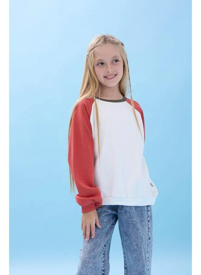 Perendi Girls' Crew Neck Colorful Basic Oversize Seasonal Kindergarten Sweatshirt - Ecru/Terracotta.