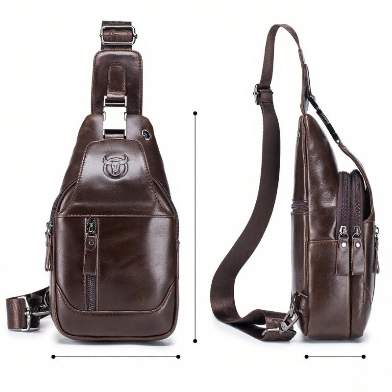 BULLCAPTAIN Men's Leather Sling Bag Waterproof Crossbody Pack Chest Shoulder Backpack for Hiking Cycling Mountaineering Travelling - Image 3