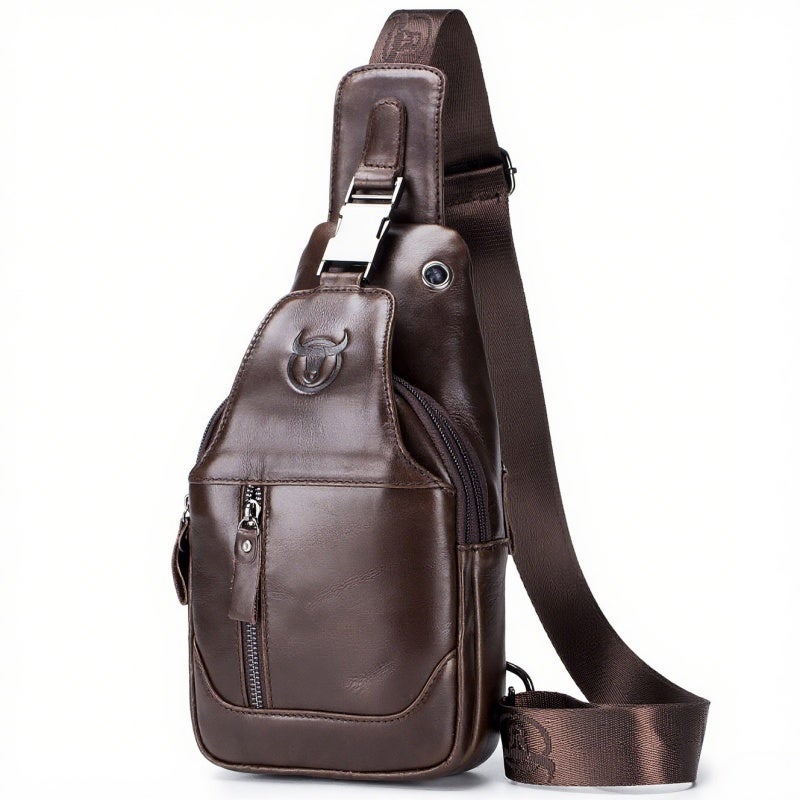BULLCAPTAIN Men's Leather Sling Bag Waterproof Crossbody Pack Chest Shoulder Backpack for Hiking Cycling Mountaineering Travelling - Image 1