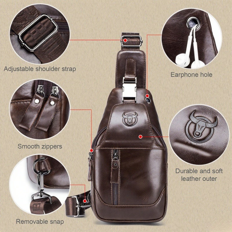 BULLCAPTAIN Men's Leather Sling Bag Waterproof Crossbody Pack Chest Shoulder Backpack for Hiking Cycling Mountaineering Travelling - Image 4