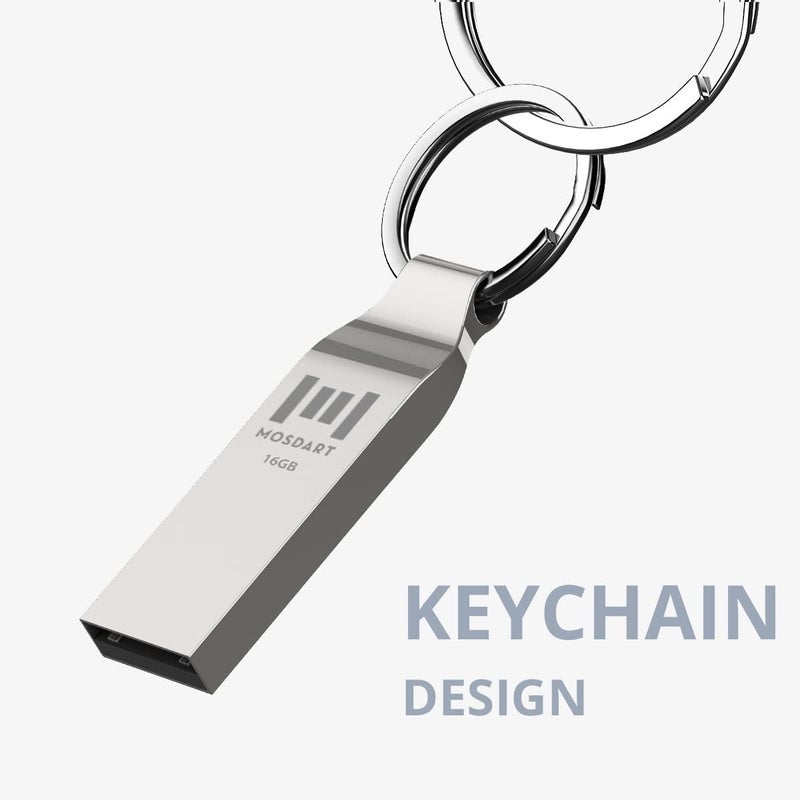 موس دارت محرك أقراص فلاش MOSDART مقاوم للماء 16GB USB2.0، FAT32، عصا ذاكرة معدنية مع سلسلة مفاتيح، للنسخ الاحتياطي للنظام، تخزين البيانات، فضي - Image 3
