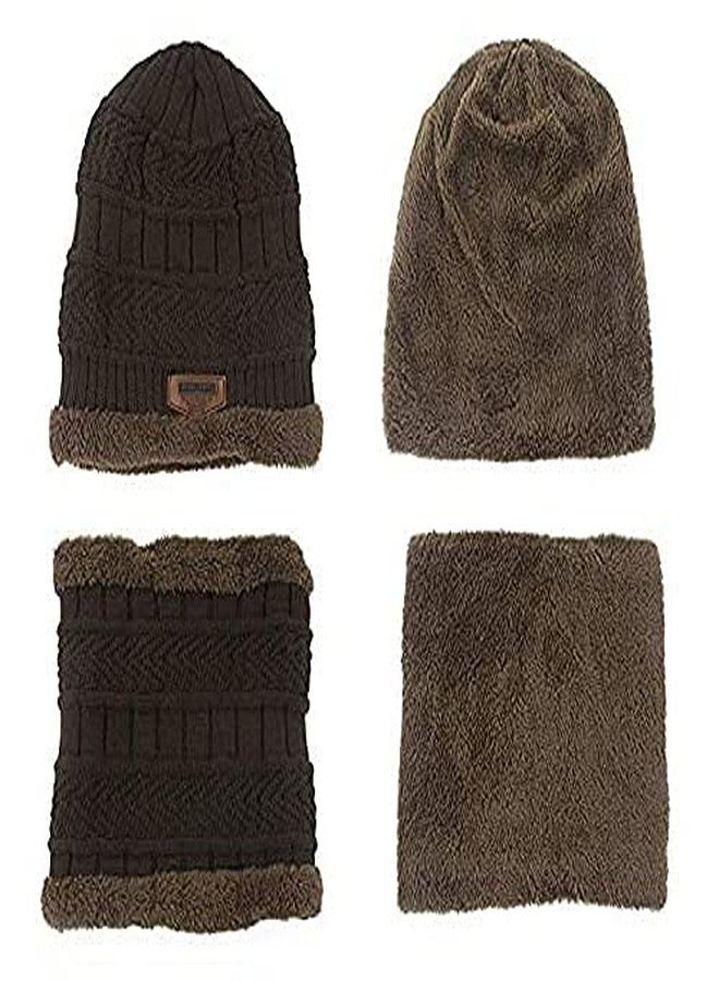 HRBS Men's and Women's Warm Knitted Fur Lined Winter Beanie Cap Neck Scarf Set - 2 Pieces Combo (Brown) - Image 1