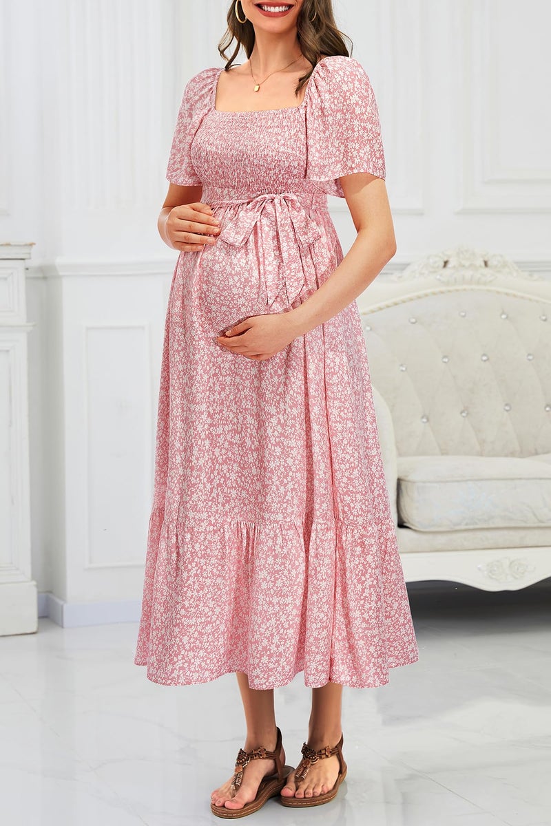 Talisea Pink Maternity Dress for Baby Shower 2025 Floral Spring Easter Pregnancy Photoshoot Ruffle Sleeves Wedding Guest Midi Dress - Image 3