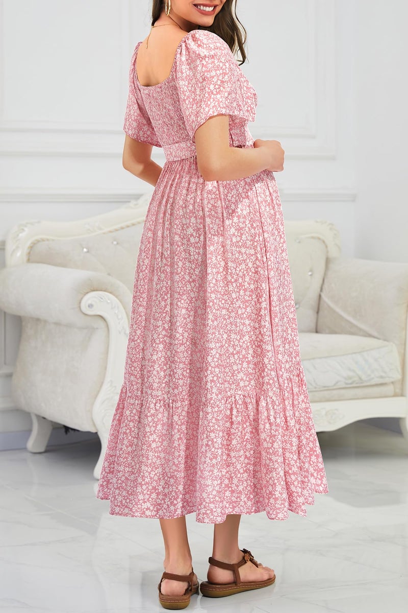 Talisea Pink Maternity Dress for Baby Shower 2025 Floral Spring Easter Pregnancy Photoshoot Ruffle Sleeves Wedding Guest Midi Dress - Image 4