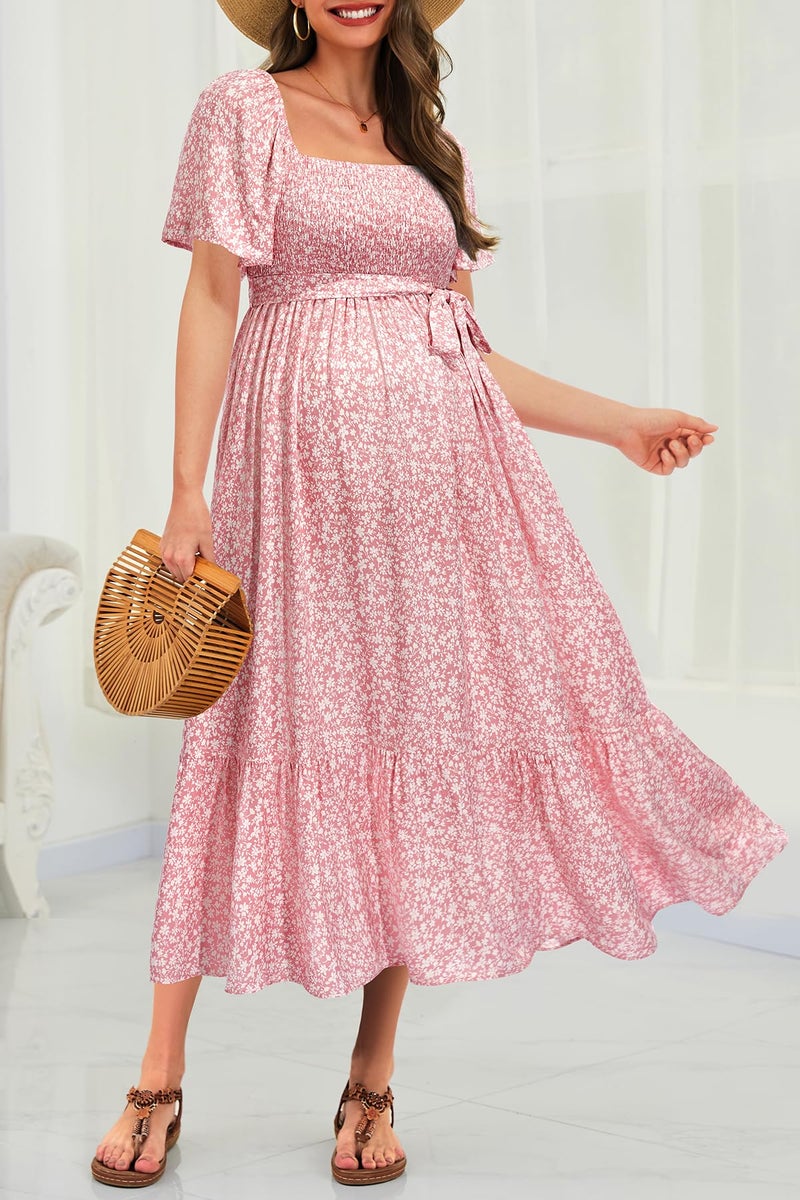 Talisea Pink Maternity Dress for Baby Shower 2025 Floral Spring Easter Pregnancy Photoshoot Ruffle Sleeves Wedding Guest Midi Dress - Image 2