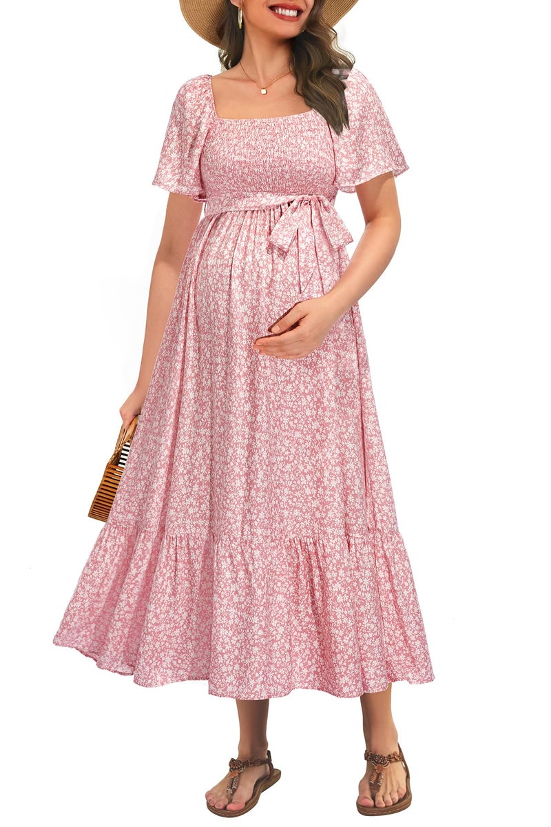 Talisea Pink Maternity Dress for Baby Shower 2025 Floral Spring Easter Pregnancy Photoshoot Ruffle Sleeves Wedding Guest Midi Dress - Image 1