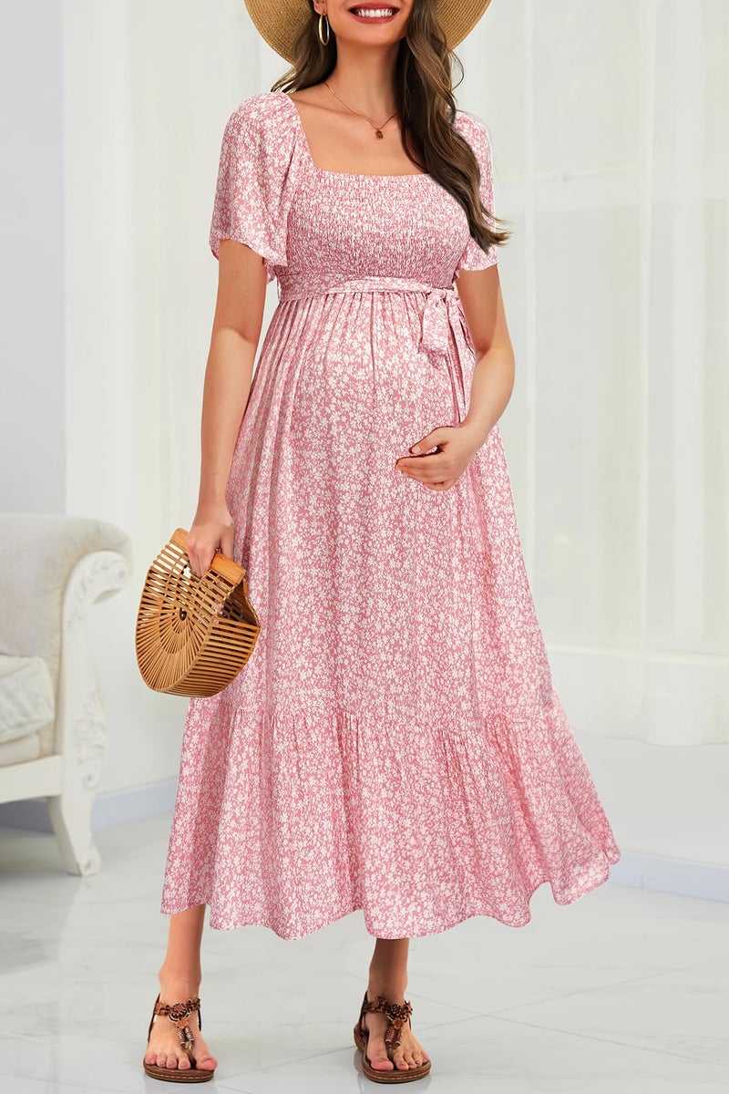 Talisea Pink Maternity Dress for Baby Shower 2025 Floral Spring Easter Pregnancy Photoshoot Ruffle Sleeves Wedding Guest Midi Dress - Image 5