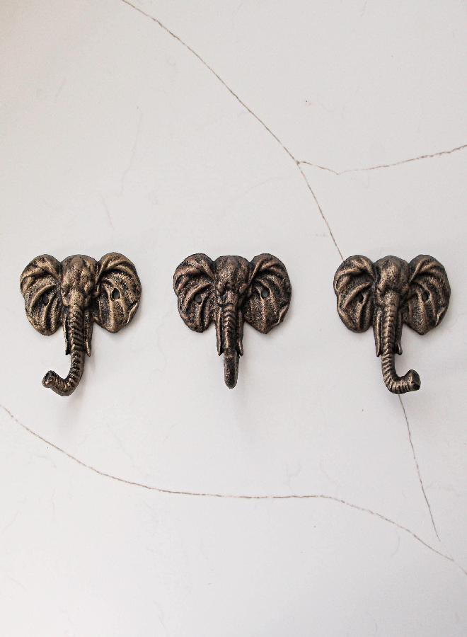 Zeckos Zeckos Set of 3 Antique Gold Finish Cast Iron Elephant Wall Hooks Decorative Coat Towel Key Hanger for Home Décor 4 Inches High - Image 2