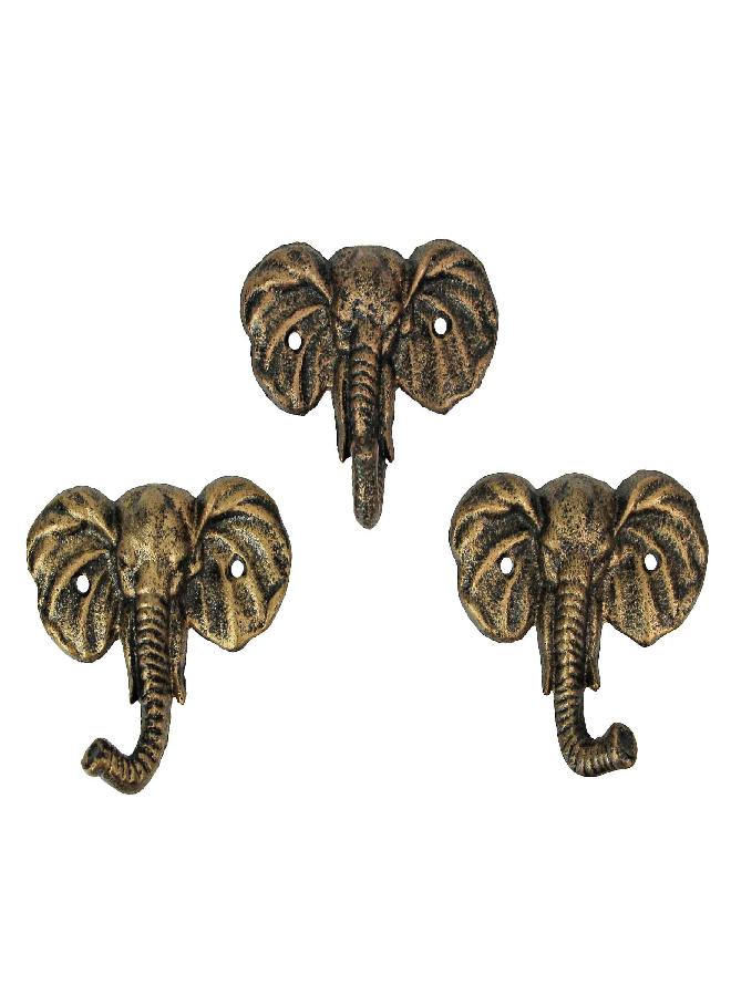 Zeckos Zeckos Set of 3 Antique Gold Finish Cast Iron Elephant Wall Hooks Decorative Coat Towel Key Hanger for Home Décor 4 Inches High - Image 1